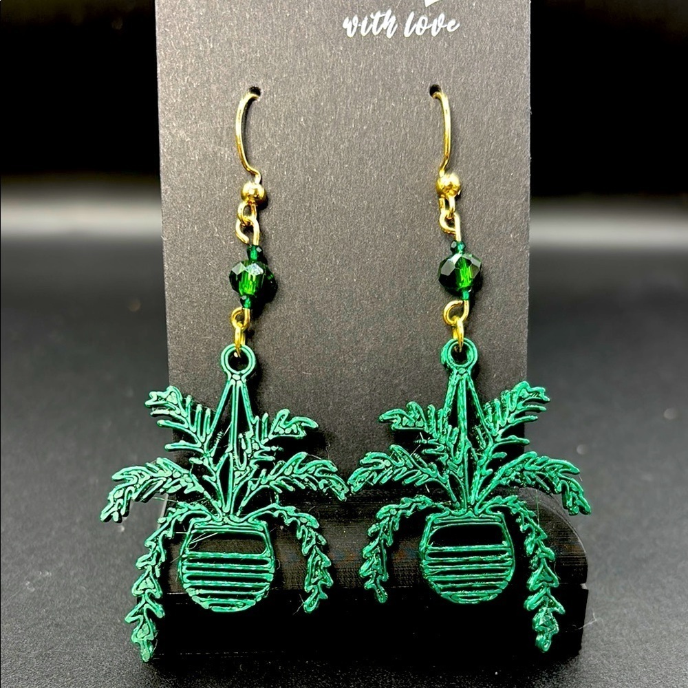 Green Plant Earrings with Gold Accents
